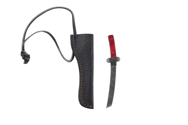 This is the Iridescent Red Wide Katana dab tool from Dabmascus available at Ritual Colorado. It features a two-pin handle and the blades are constructed from high-quality Damascus Steel.