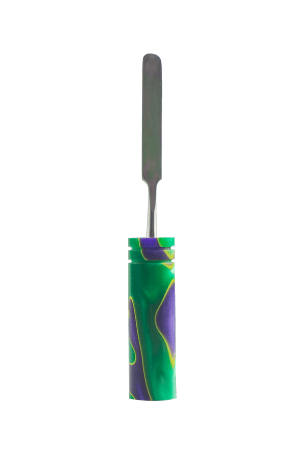 This is the Jester dab tool from Hash Handlez available at Ritual Colorado. Each includes a beautiful resin dab tool, protective hard case, and a hand-written card.