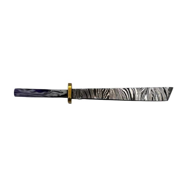 This is the Purple Swirl damascus steel Straight Katana dab tool from Dabmascus available at Ritual Colorado. Featuring intricate steel patterns on the blade accented by handmade handles with vibrant swirling colors.