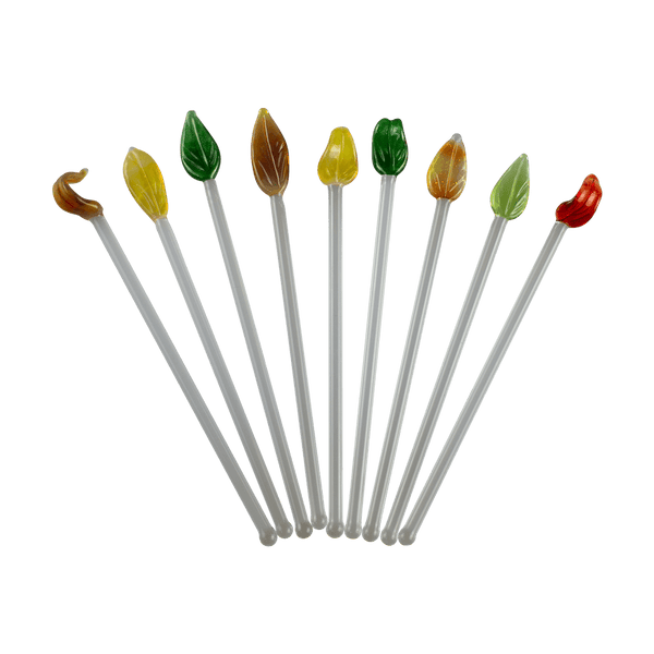 These are handmade Glass Leaf Cocktail Swizzle Sticks by Biting Glass available at Ritual Colorado. Featuring vibrant glass leaf toppers and rounded bottom to easily stir up your favorite drink.