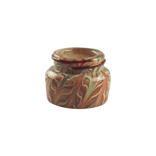 This is the Screw Top Stash Jar by Maze Glass available at Ritual Colorado. Featuring intricate glass patterns and a threaded lid this is a functional and artistic American glass jar.
