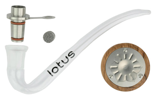 This is the Olive Lotus Vaporizer Kit by INHALE available at Ritual Colorado. A portable torch-powered dry herb vape with included glass dry pipe and 14mm bowl that you can use with all your favorite glass bongs.