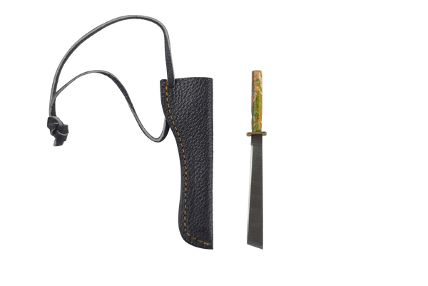 This is the Earth Watercolor 2 Straight Katana dab tool from Dabmascus available at Ritual Colorado. It features a beautiful handle and hilt with a blade from high-quality Damascus Steel.