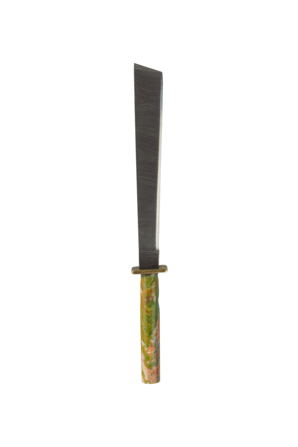 This is the Earth Watercolor 2 Straight Katana dab tool from Dabmascus available at Ritual Colorado. It features a beautiful handle and hilt with a blade from high-quality Damascus Steel.