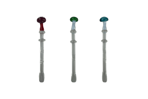 These are Mushroom Glass Dabber by Biting Glass available at Ritual Colorado. Featuring vibrant mushrooms and textured grips these are sweet handmade glass dab tools.
