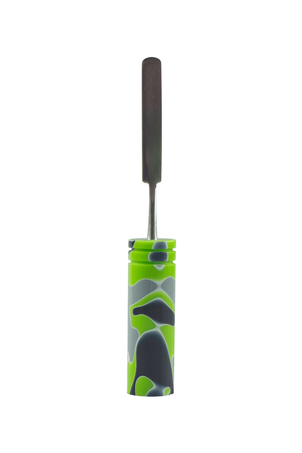 This is the Neon Camo dab tool from Hash Handlez available at Ritual Colorado. A beautiful handmade dab tool featuring a resin handle and protective hard case.