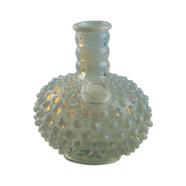 This is the Opalescent Hobnail Bong from Bird & Mouse Glass available at Ritual Colorado. A stunning multi-colored compact bong up cycled from a vintage glass vase.