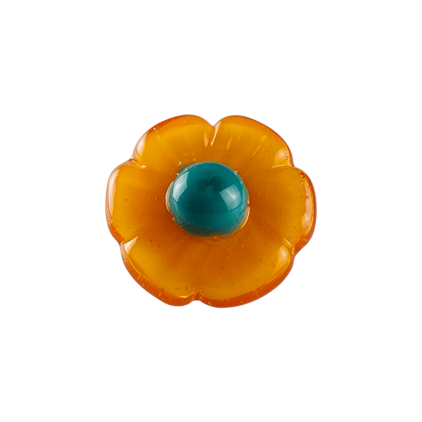 These are glass flower pins from Technicolor Tonys available at Ritual Colorado. The beautiful floral shapes feature a pin and closure on the back so you can easily pop them on your hat or other favorite place to display glass art.
