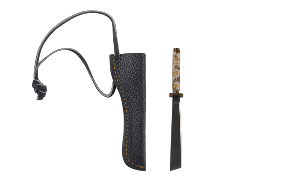 This is the Orange Blossom Straight Katana dab tool from Dabmascus available at Ritual Colorado. It features a beautiful handle and hilt with a blade from high-quality Damascus Steel.