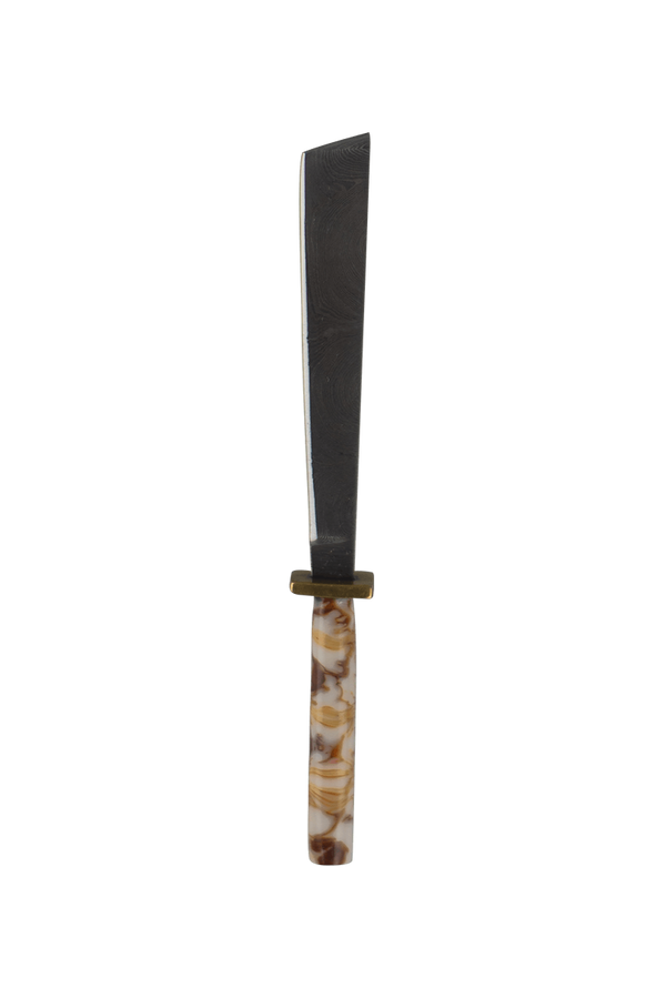This is the Orange Blossom Straight Katana dab tool from Dabmascus available at Ritual Colorado. It features a beautiful handle and hilt with a blade from high-quality Damascus Steel.