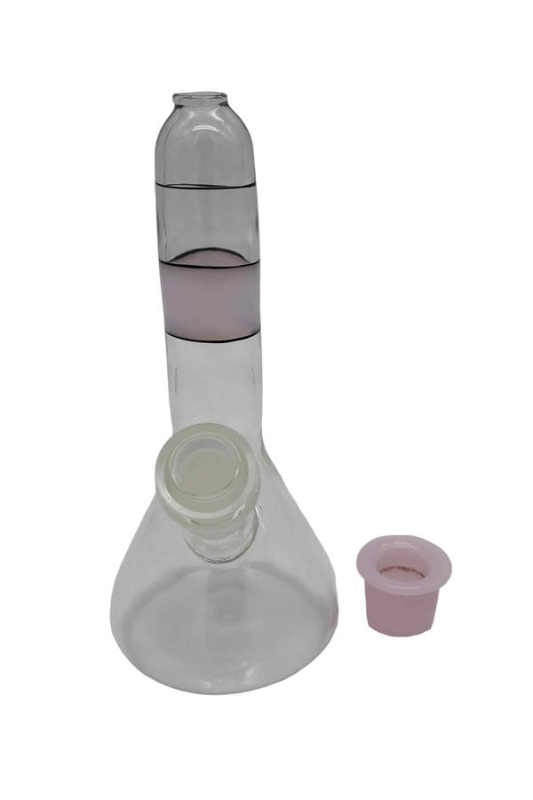 This is the Pink Stripe Mini Beaker by Biting Glass available at Ritual Colorado. A sleek water pipe handmade in Denver, Colorado featuring a 14mm removable downstem and black & pink stripe accents.