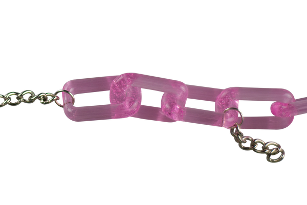 This is the Pink Lollipop & Glass Chain Necklace by Technicolor Tony featuring metal chain accents by Mads in-house, available at Ritual Colorado. This stunning handmade glass necklace features vibrant colors and refined craftsmanship.