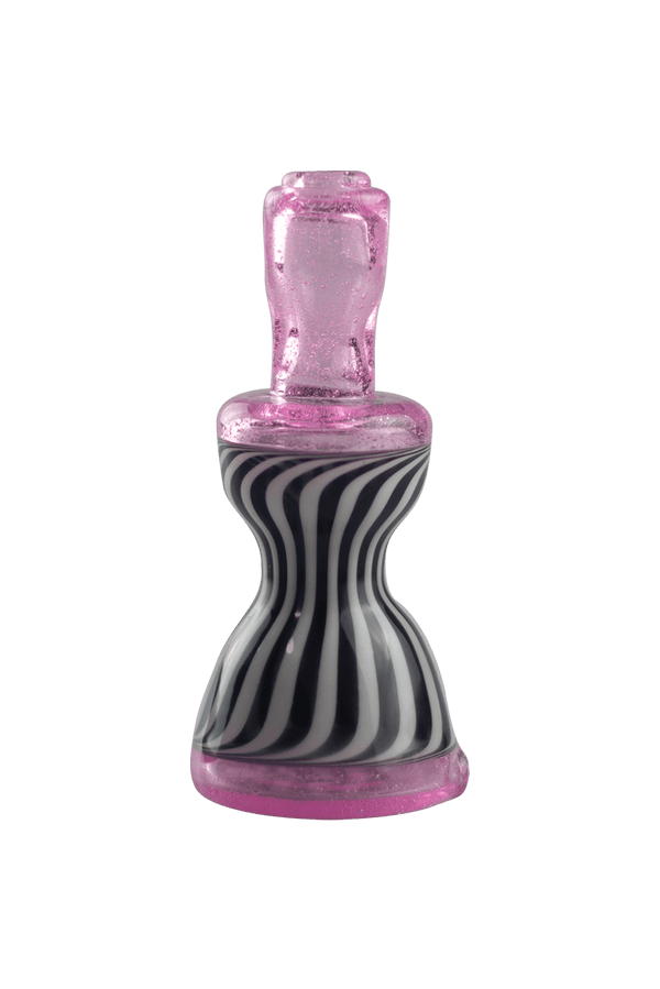 This is the Pink Lollipop Pinstripe Puffco Peak Dry Top from Technicolor Tony available at Ritual Colorado. Featuring a black and white swirling base accented by a bright colored mouthpiece.