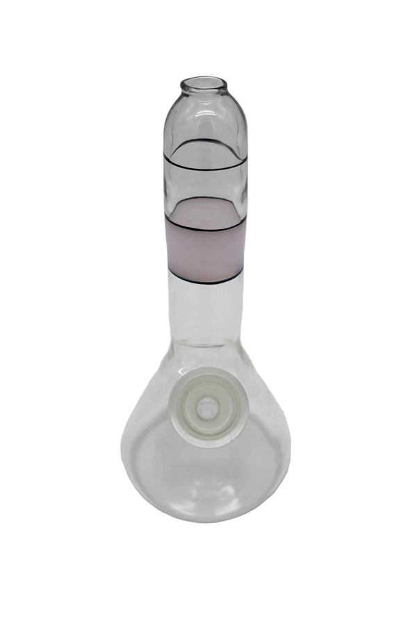 This is the Pink Stripe Mini Beaker by Biting Glass available at Ritual Colorado. A sleek water pipe handmade in Denver, Colorado featuring a 14mm removable downstem and black & pink stripe accents.