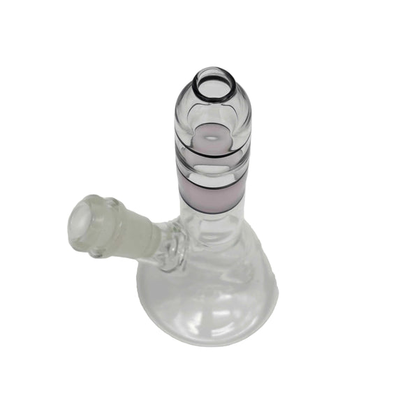 This is the Pink Stripe Mini Beaker by Biting Glass available at Ritual Colorado. A sleek water pipe handmade in Denver, Colorado featuring a 14mm removable downstem and black & pink stripe accents.