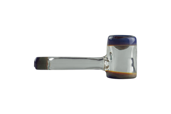 This is the Amber Purple Hammer Pipe by Biting Glass available at Ritual Colorado. A sleek clear hand pipe with accents of vibrant amber purple glass.
