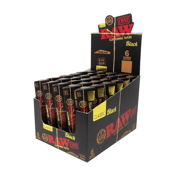 These are RAW Black Classic (1 1/4) Cones by RAW available at Ritual Colorado. Featuring 6 pre-formed cones per pack and a convenient Scoop Pack these are a classic rolling paper option.