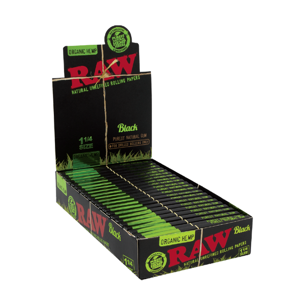 These are RAW Organic Black Rolling Papers (1 1/4" Size) by RAW available at Ritual Colorado. Made from organic hemp these are refined and ultra-thin papers for a premium burn.