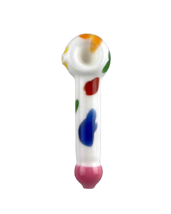 This is the Rainbow Cow Spoon Pipe by Biting Glass available at Ritual Colorado. A vibrant multi-color cow print hand pipe featuring a pink "udder" mouthpiece to round out the whimsy.