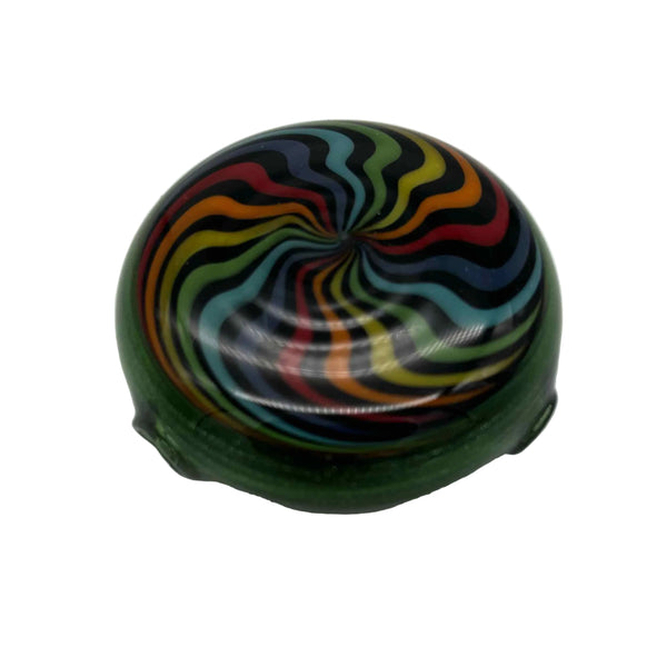 This is the vibrant Rainbow Swirl Disc Pendant by Biting Glass available at Ritual Colorado. Featuring an intricate color pattern accented by sparkle green glass on the back this is a bold and stylish jewelry piece.