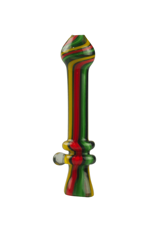 This is the Rasta Linework Chillum by Vulcan Glass Art available at Ritual Colorado. A stylish and handmade glass one-hitter option for your sesh.