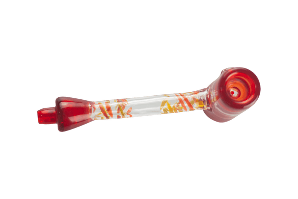 This is the Red Swirl Hammer by Biting Glass available at Ritual Colorado. A sleek handmade glass pipe featuring vibrant red accents and swirling color sections on the mouthpiece.