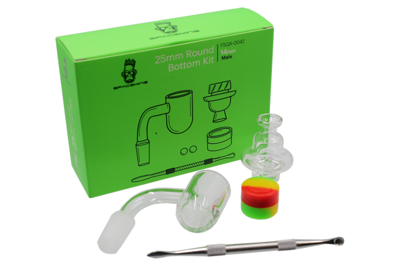 This is the 25mm Round Bottom Kit + Recy-clops Bundle Deal available at Ritual Colorado. It features a 14mm dab banger kit which includes terp pearls, a turbine carb cap and a dab tool. The Recy-clops is a popular glass dab rig that features a recycler return channel and lime green mouthpiece. Check out all the bundle discounts available at Ritual Colorado.