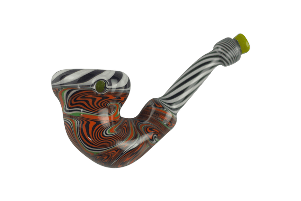 This is the Spooky Swirly Shirley Pipe by Technicolor Tony available at Ritual Colorado. A seriously heady halloween pipe with tons of linework, wig wags, reversals and more!