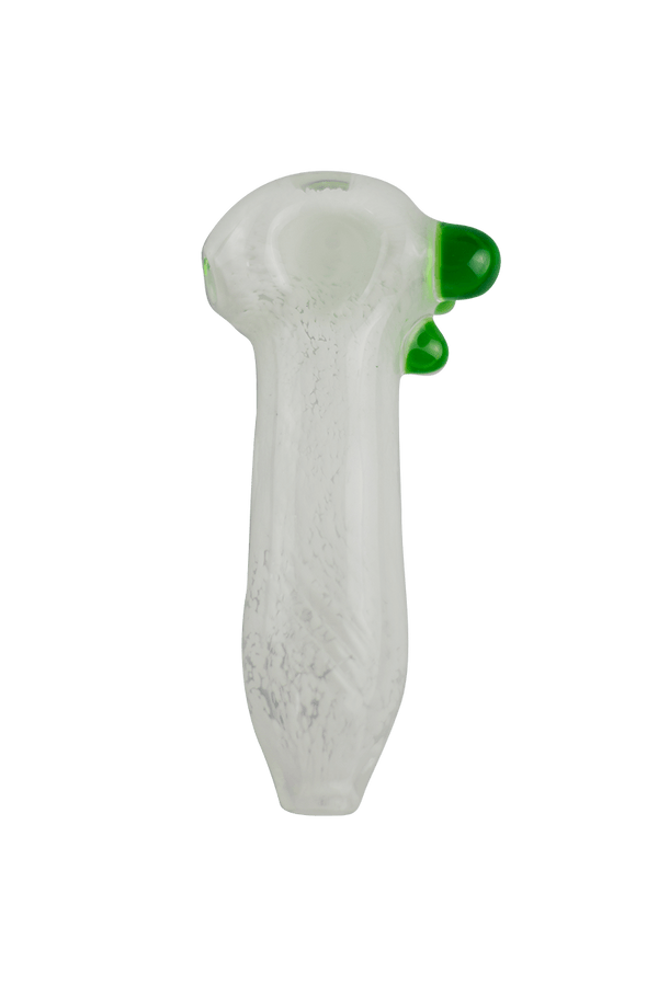 This is a heady spoon pipe from Hornsilver Glass available at Ritual Colorado. Featuring vibrant glass colors, three carved notches on the body and accent colors on the bowl these are incredible hand blown artwork at a great price.