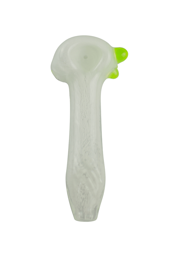 This is a heady spoon pipe from Hornsilver Glass available at Ritual Colorado. Featuring vibrant glass colors, three carved notches on the body and accent colors on the bowl these are incredible hand blown artwork at a great price.