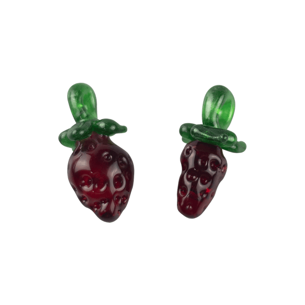 These are Strawberry Glass Pendants by Technicolor Tony available at Ritual Colorado. Featuring vibrant textured red bodies accented by green leaves and a sparkly bail.