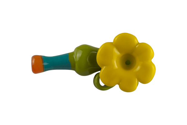 This is the Sunflower Hammer Pipe by Technicolor Tonys available at Ritual Colorado. This fun hand pipe features a vibrant yellow bowl with other bright colors for a fun heady piece.