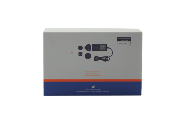 This is the USB-C Supercharger from Storz & Bickel available at Ritual Colorado. This quick charger is compatible with the Venty and Mighty+ and features 4 interchangeable plugs.