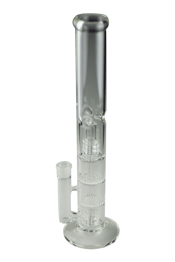 This is The Judge straight tube bong from Ritual Glass available at Ritual Colorado. A powerful and tall glass piece that features a 19mm female connection, two matrix percs and two honeycomb percs.