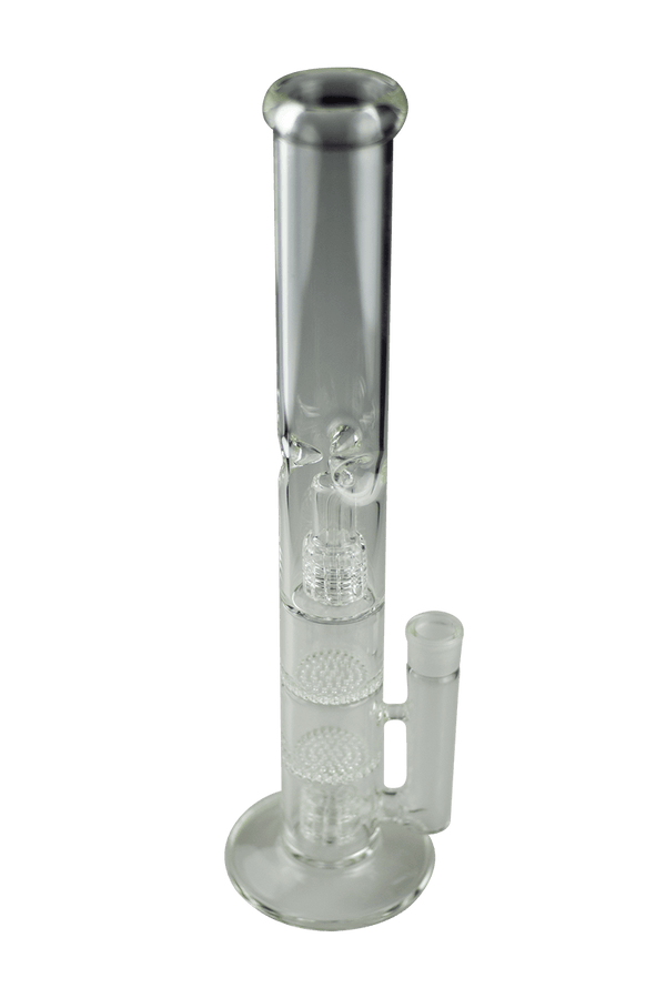This is The Judge straight tube bong from Ritual Glass available at Ritual Colorado. A powerful and tall glass piece that features a 19mm female connection, two matrix percs and two honeycomb percs.