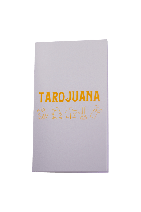 This is the Tarojuana Deck from Tarojuana available at Ritual Colorado. Each pack includes a 78-Card cannabis friendly tarot deck with a guidebook and corduroy stash bag as well as a Tarojuana matchbook.