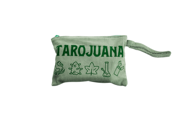 This is the Tarojuana Deck from Tarojuana available at Ritual Colorado. Each pack includes a 78-Card cannabis friendly tarot deck with a guidebook and corduroy stash bag as well as a Tarojuana matchbook.
