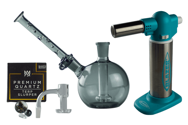 This is the Teal Full Beginner Banger + Rig + Torch Dab Bundle available at Ritual Colorado. Featuring a MJ Arsenal Terp Slurper, Blazer Big Buddy Torch and Ritual Glass Baby Elephant for an all-in-one setup.