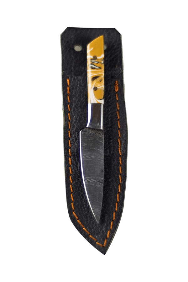 This is the Chef's Knife Dab Tool from Dabmascus available at Ritual Colorado. It features a two-pin handle and high-quality Damascus Steel blade for a truly unique and special dab tool.