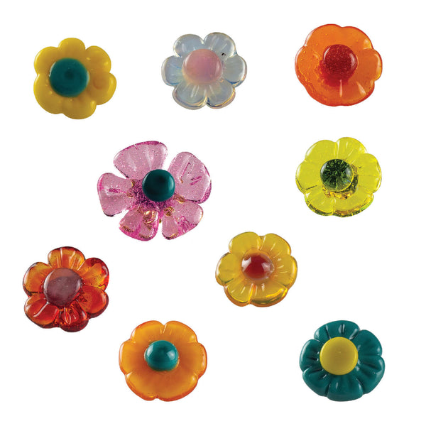 These are glass flower pins from Technicolor Tonys available at Ritual Colorado. The beautiful floral shapes feature a pin and closure on the back so you can easily pop them on your hat or other favorite place to display glass art.