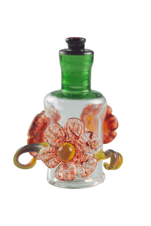 This is the Flower Garden Puffco Peak Dry Top by Technicolor Tony available at Ritual Colorado. A stylish upgrade featuring hand blown glass flowers and leaves and a colorful mouthpiece.
