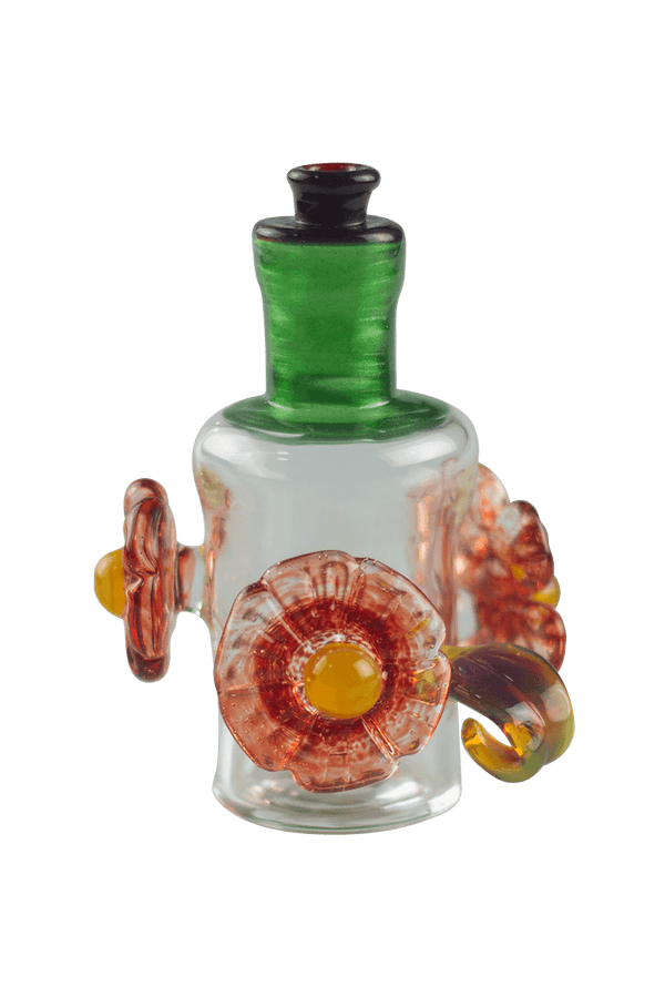 This is the Flower Garden Puffco Peak Dry Top by Technicolor Tony available at Ritual Colorado. A stylish upgrade featuring hand blown glass flowers and leaves and a colorful mouthpiece.