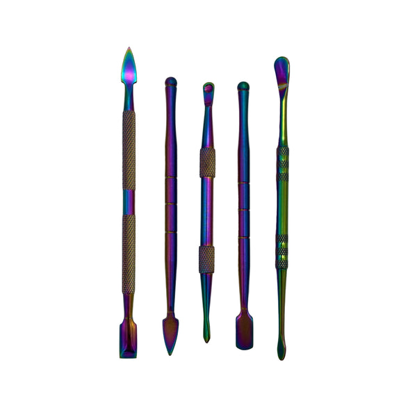 This is the Travel Dab Tool Set by Ritual Co. available at Ritual Colorado. It features five stainless steel dab tools and a silicone container for concentrates. Take your portable dab station to the next level with this premium kit.