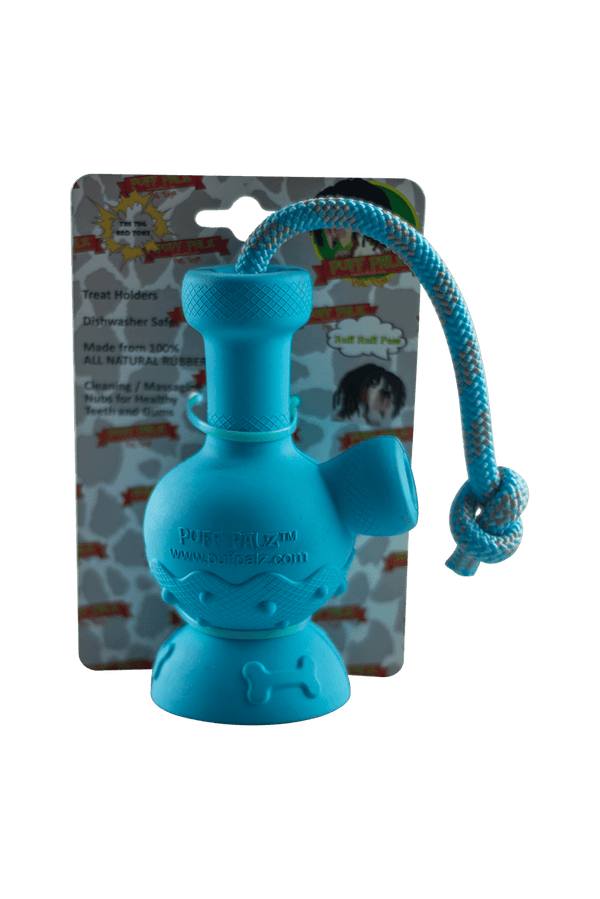 This is the Tug & Toke rubber dog toy from Puff Palz available at Ritual Colorado. A fun hard rubber dog toy with an attached rope for tug-of-war and an included treat spot in the bowl.