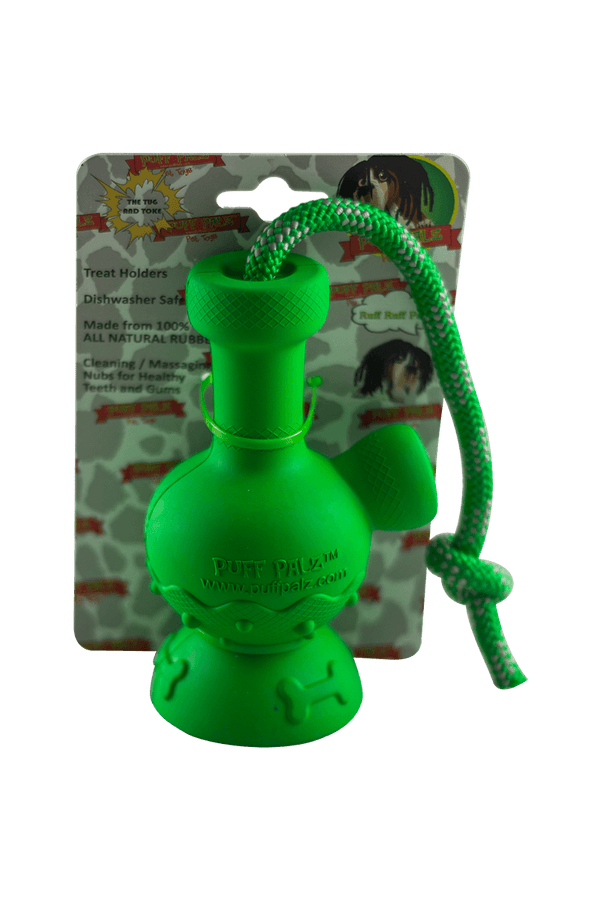 This is the Tug & Toke rubber dog toy from Puff Palz available at Ritual Colorado. A fun hard rubber dog toy with an attached rope for tug-of-war and an included treat spot in the bowl.
