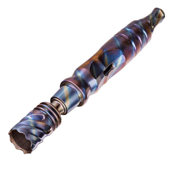 This is The HyperDyn: TygerDyn by Dynavap available at Ritual Colorado. A special edition titanium HyperDyn with a fun striped pattern around the entire exterior of the device.