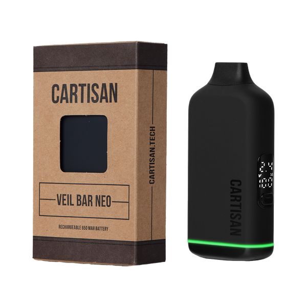 This is the Black Veil Bar Neo 510 Thread Battery from Cartisan available at Ritual Colorado. A discrete 510 battery option with a subtle built-in screen offering sneaky cart hits.