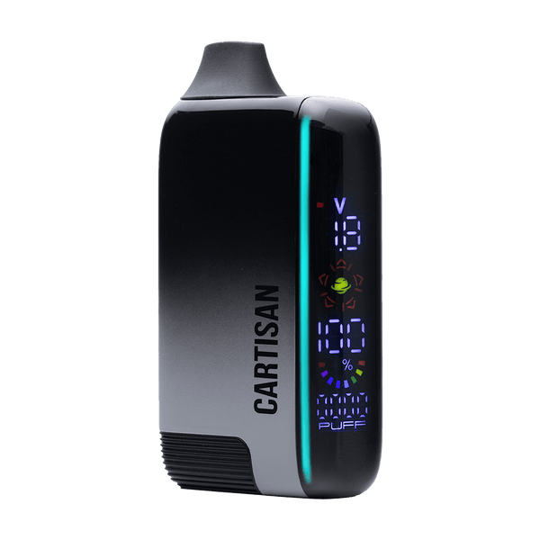 This is the Charcoal Veil Bar Pro Evo 510 Battery from Cartisan available at Ritual Colorado. A top of the line battery with included atomizer and colorful display for all your cartridge sessions.