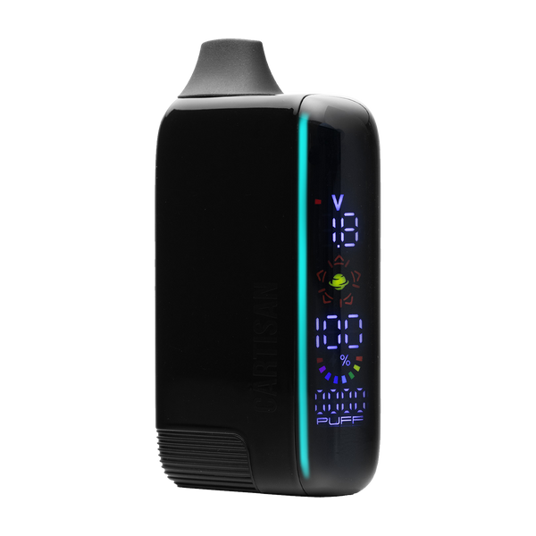 This is the Obsidian Veil Bar Pro Evo 510 Battery from Cartisan available at Ritual Colorado. A top of the line battery with included atomizer and colorful display for all your cartridge sessions.