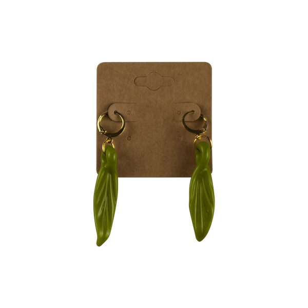 These are Leaf Dangle Earrings by Technicolor Tony available at Ritual Colorado. Featuring vibrant glass leaves on gold hardware and made locally here in Denver.